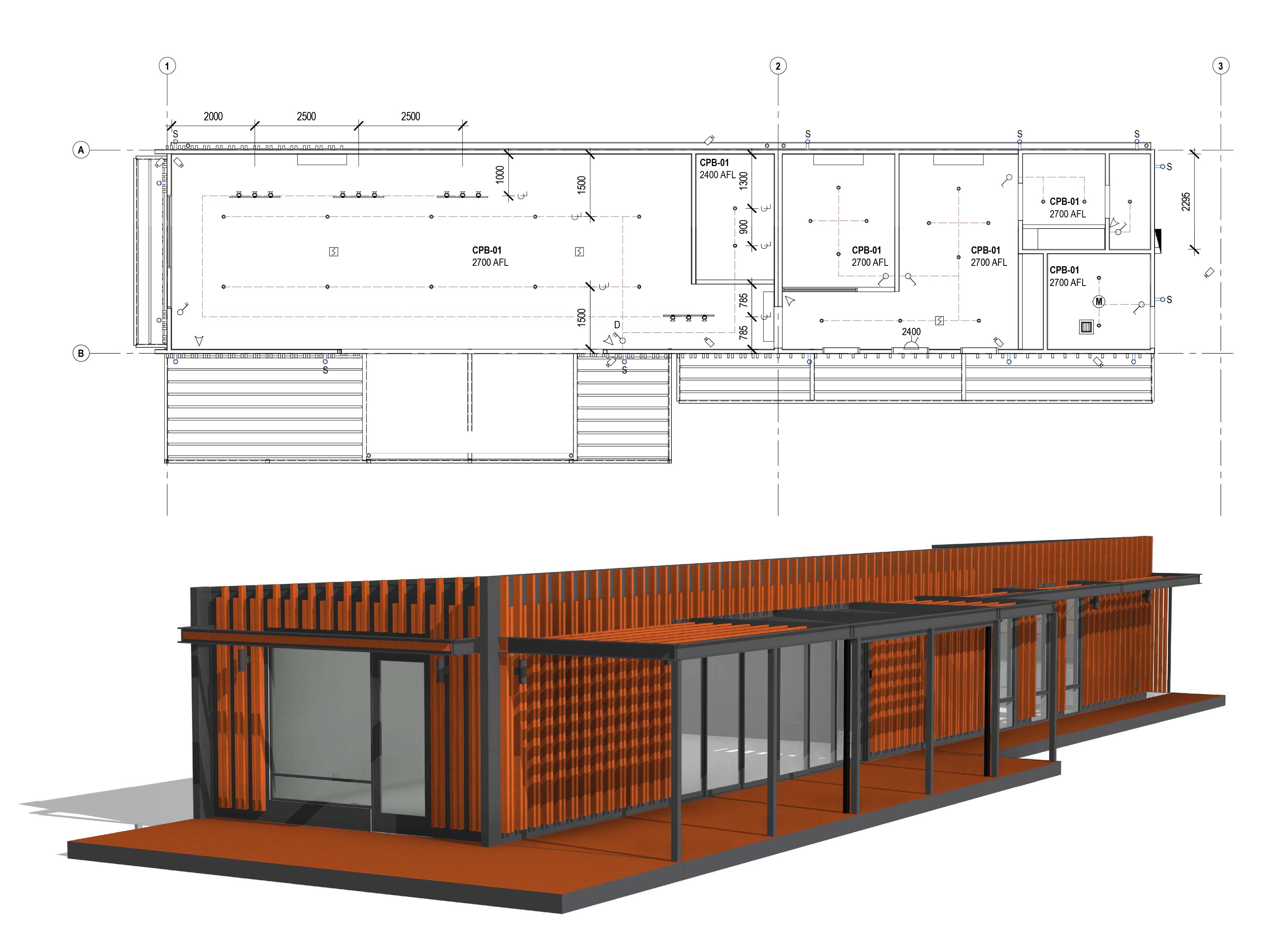 Modular office 3D and lighting plan created in Revit