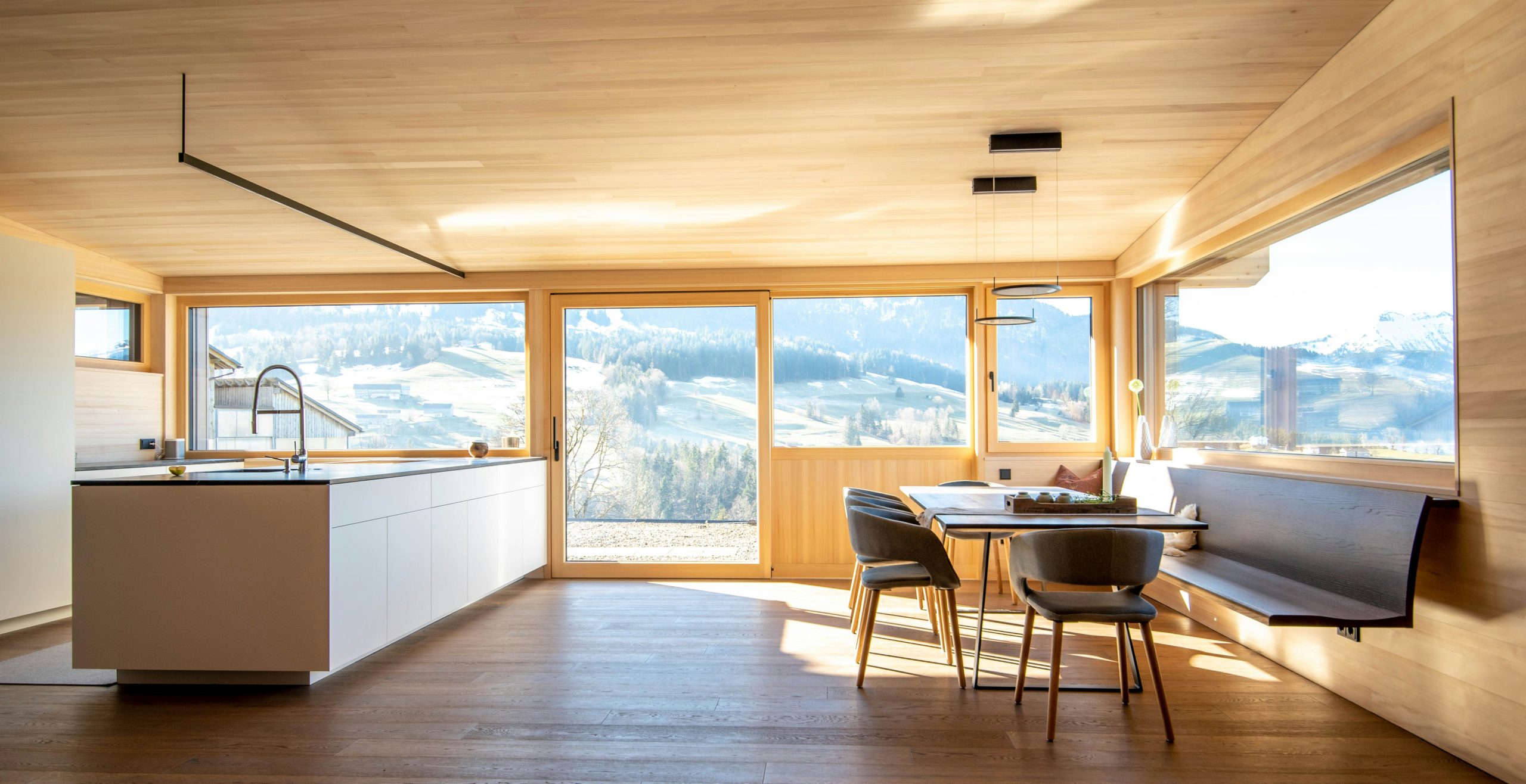 Wooden modular interiors overlooking scenic mountains