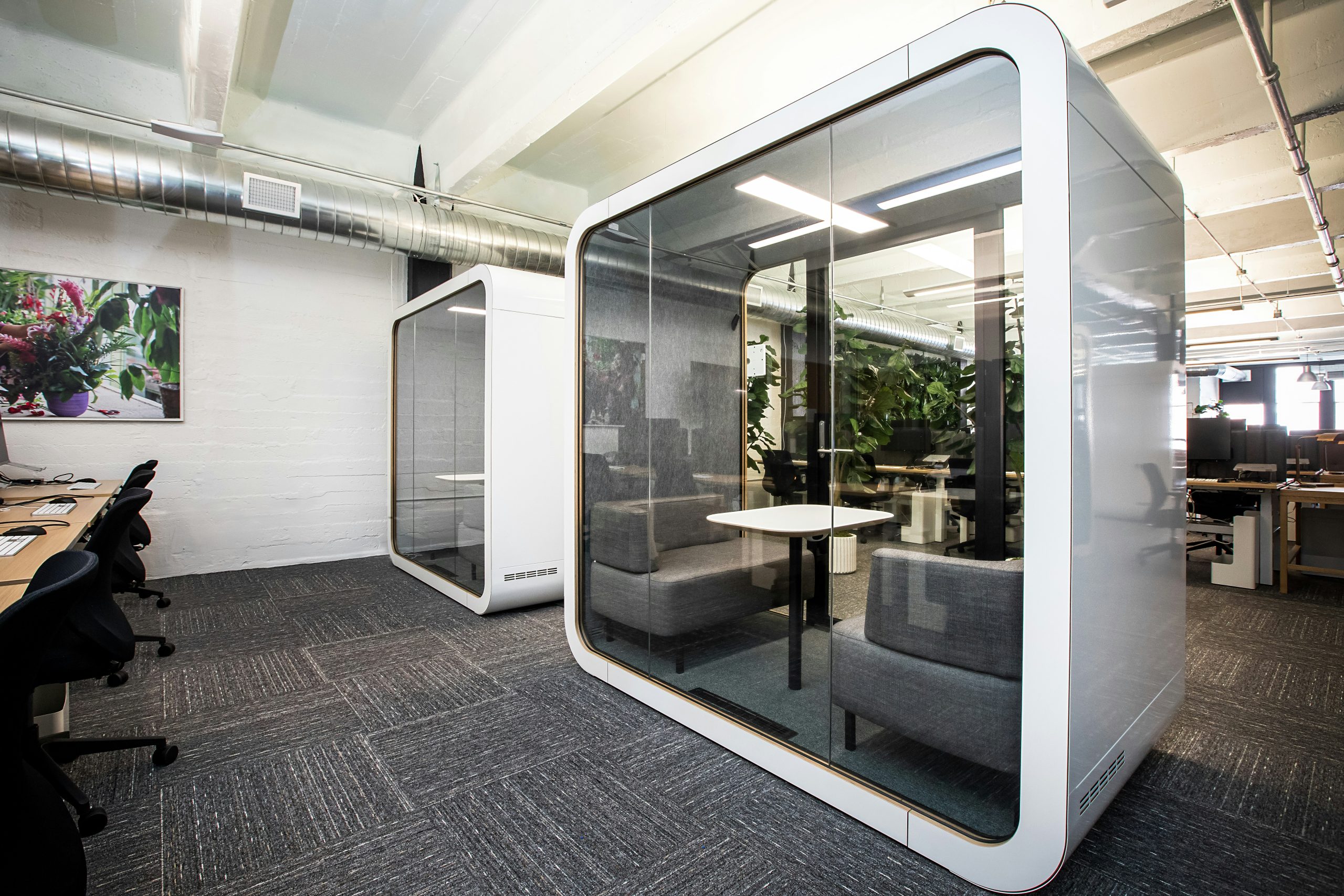 A modern office featuring two glass-walled pods with cushioned seating and a small table inside, surrounded by a collaborative workspace with desks and chairs