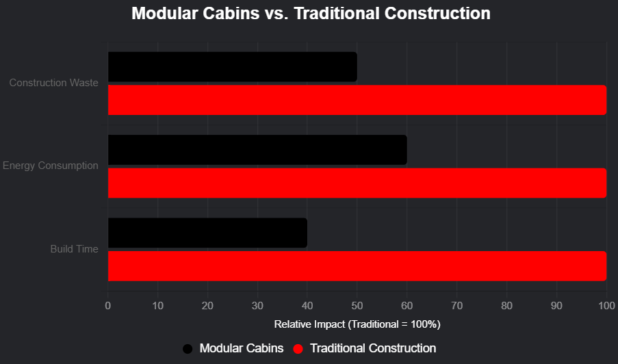 A bar chart comparing modular cabins and traditional construction, highlighting construction waste, energy consumption, and build time. Modular cabins show significantly lower impact (black bars) compared to traditional construction (red bars), with traditional set at 100% relative impact