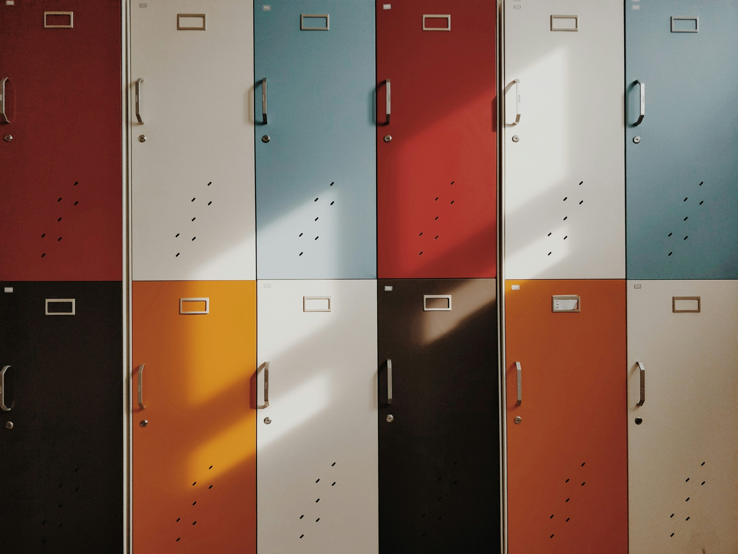 Colourful modular lockers in a Mondrian-inspired design