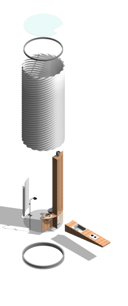 Exploded isometric of a cylindrical service module with bathroom components like sink, shower, vanity, and cylindrical frame