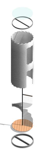 Exploded view of a cylindrical axial module with spiral staircase, glass lid, mesh treads, and modular rings