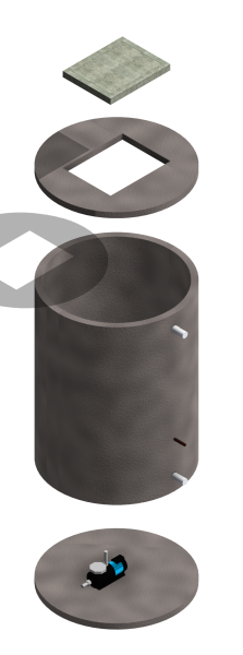 Exploded view of a cylindrical subfloor module with concrete tank, access lid, pipes, and base pump assembly