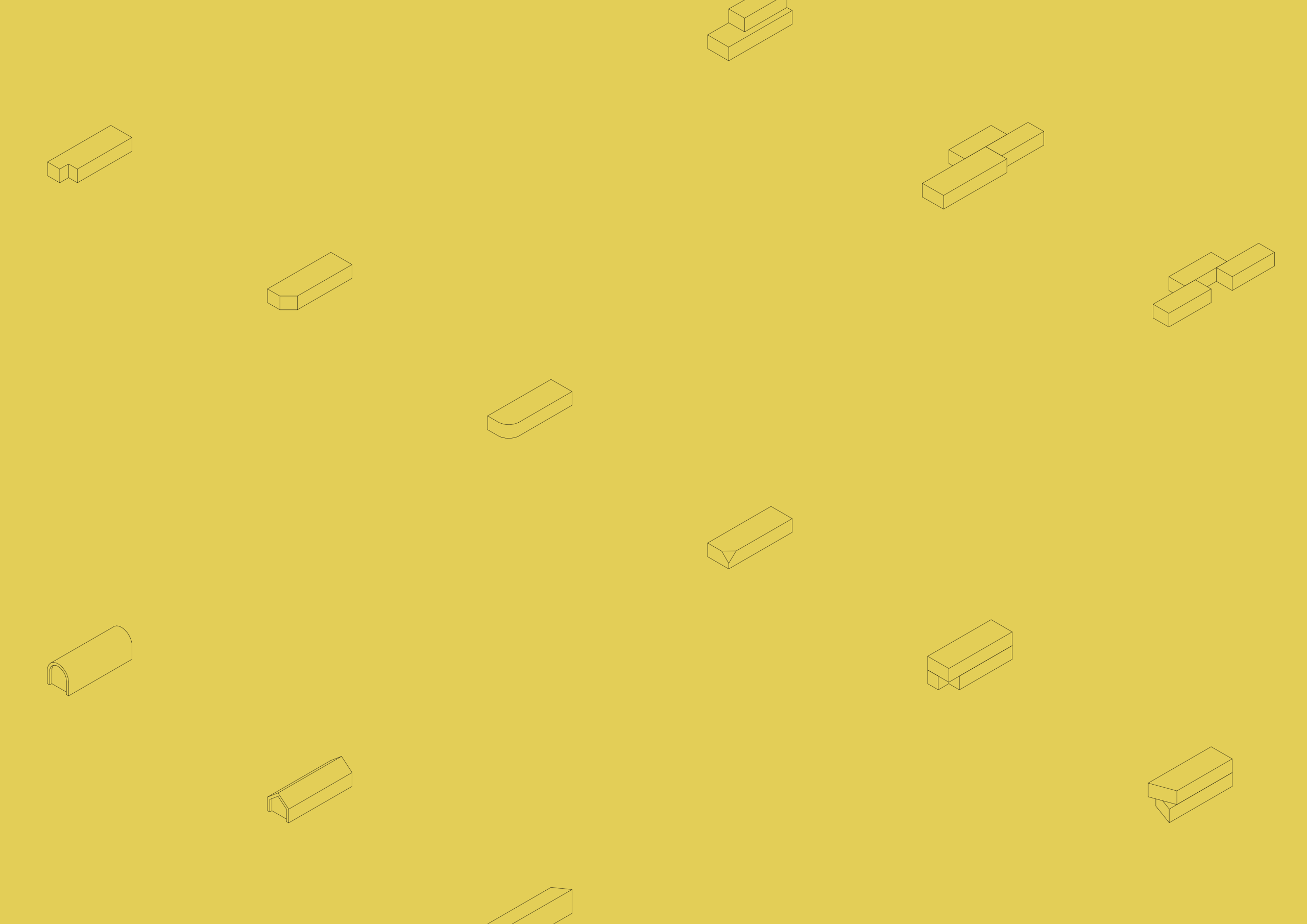 Isometric pattern of scattered modular building blocks on yellow background