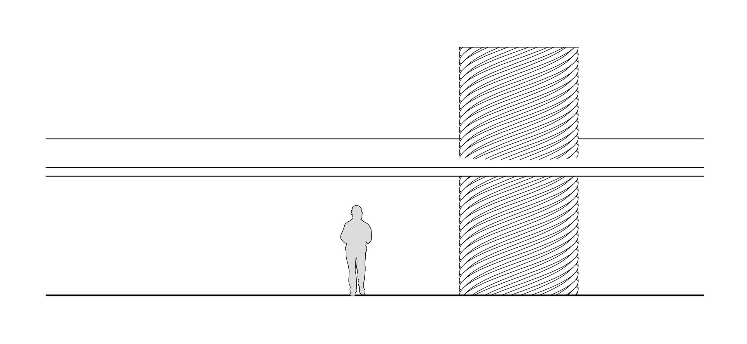 Silhouette diagram showing human scale next to a tall cylindrical axial module with ridged texture and platform lines