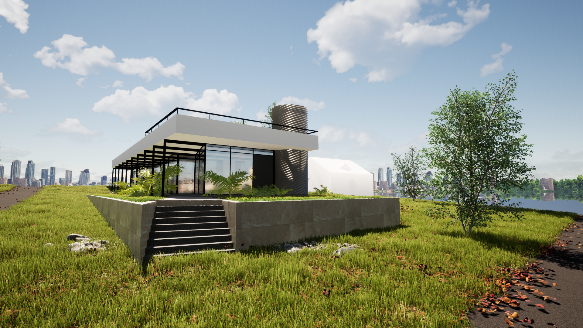 3D render of elevated modular home with rooftop garden, city skyline view, and modern staircase
