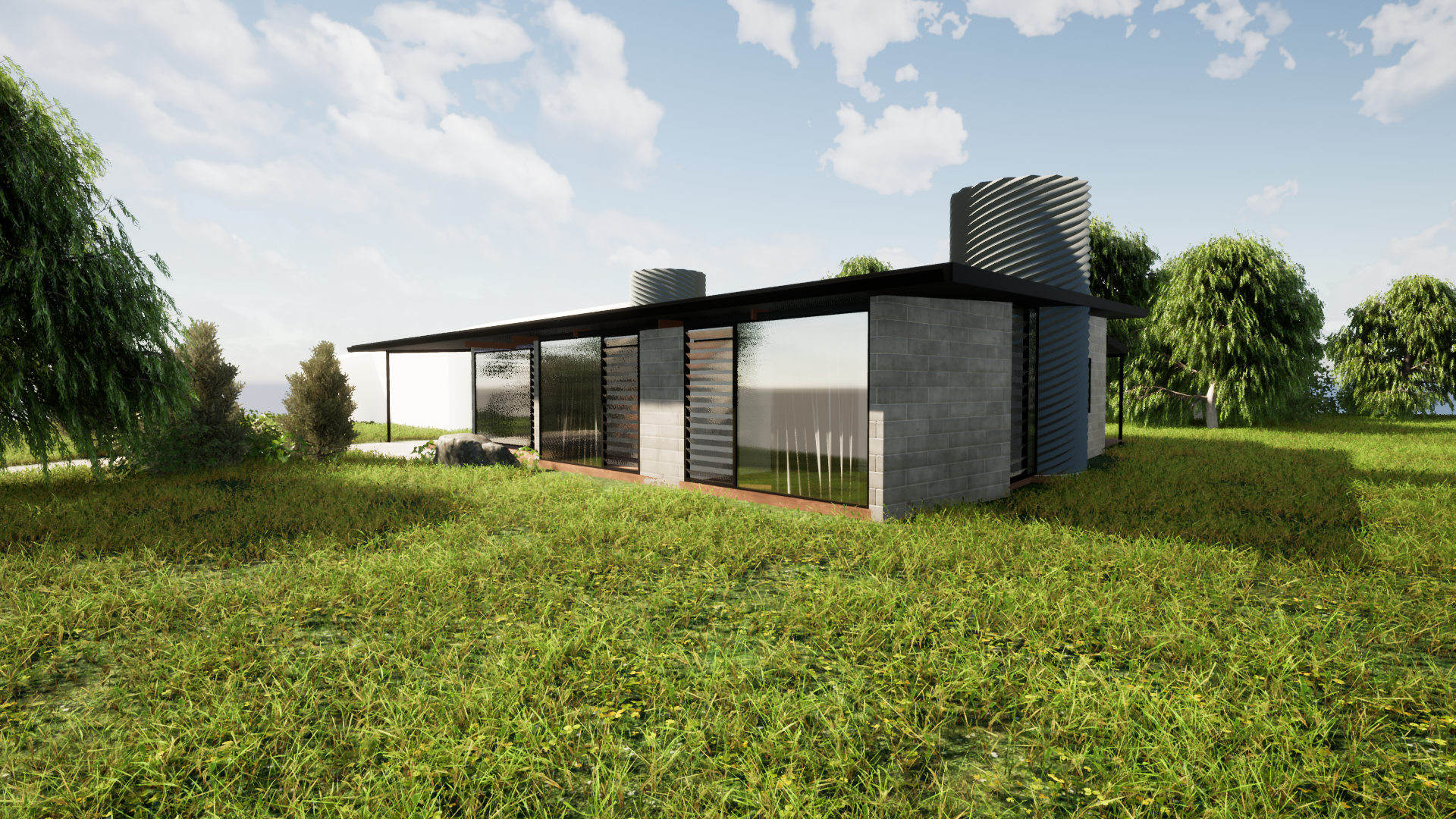 3D render of a low-profile modular home in grassy coastal setting with trees and cylindrical axial modules