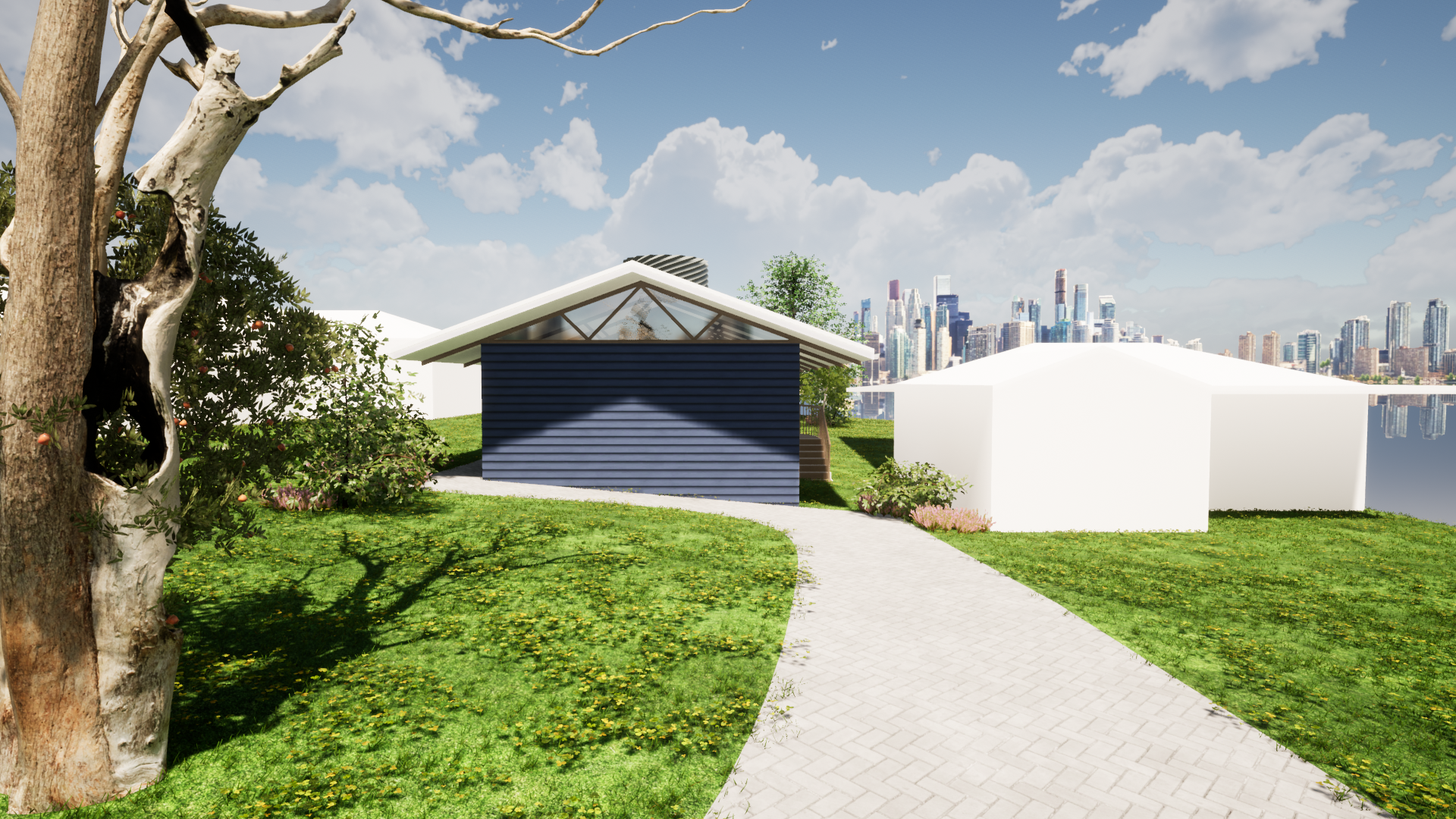 3D render of a modular home in leafy urban setting with trees and a quintessential house silhouette