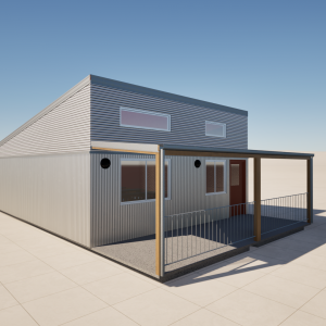 Zinchab off-grid modular chalet elevations – Zincalume wall and roof cladding, raking roofline, 4406 mm height