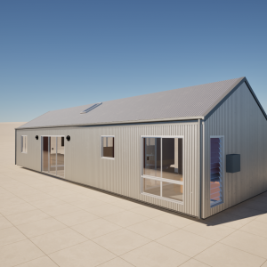 zinchab 72 m² 2-bedroom off-grid modular chalet with Zincalume cladding and raking roof, designed for remote and regional DIY construction